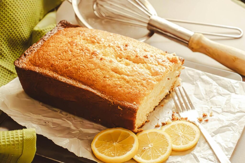 A tidy baking workspace with mix, butter, eggs, parchment, and measuring tools
